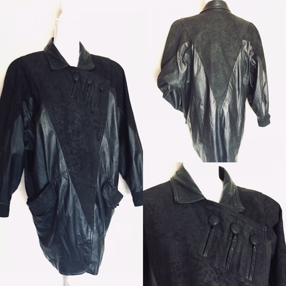 Vintage Jackets & Blazers - Leather 80’s 3 Button Asymmetrical Batwing Jacket Geometric Biker Moto Black